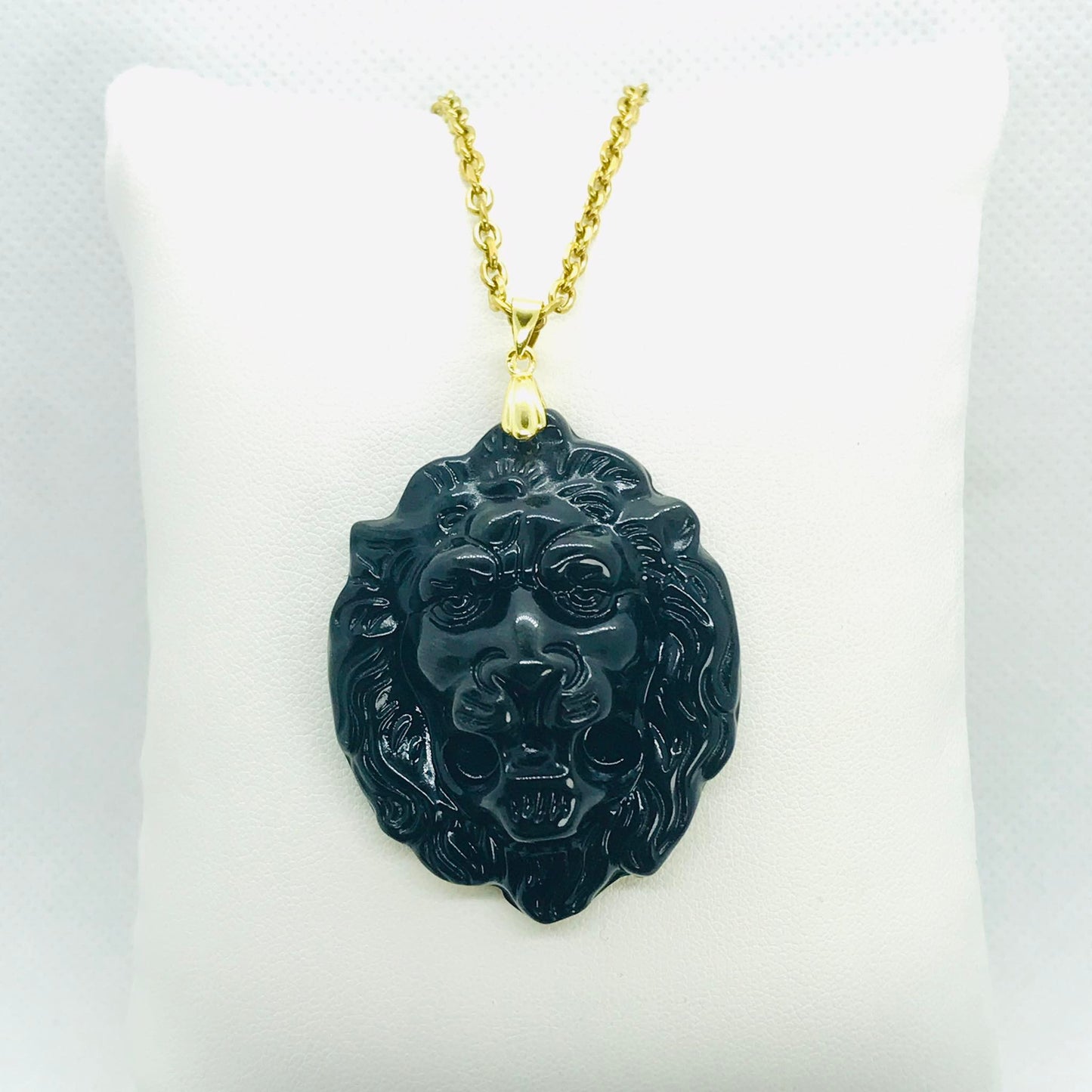Natural Obsidian Tiger Pendant - Stainless Steel Gold Plated Chain Necklace
