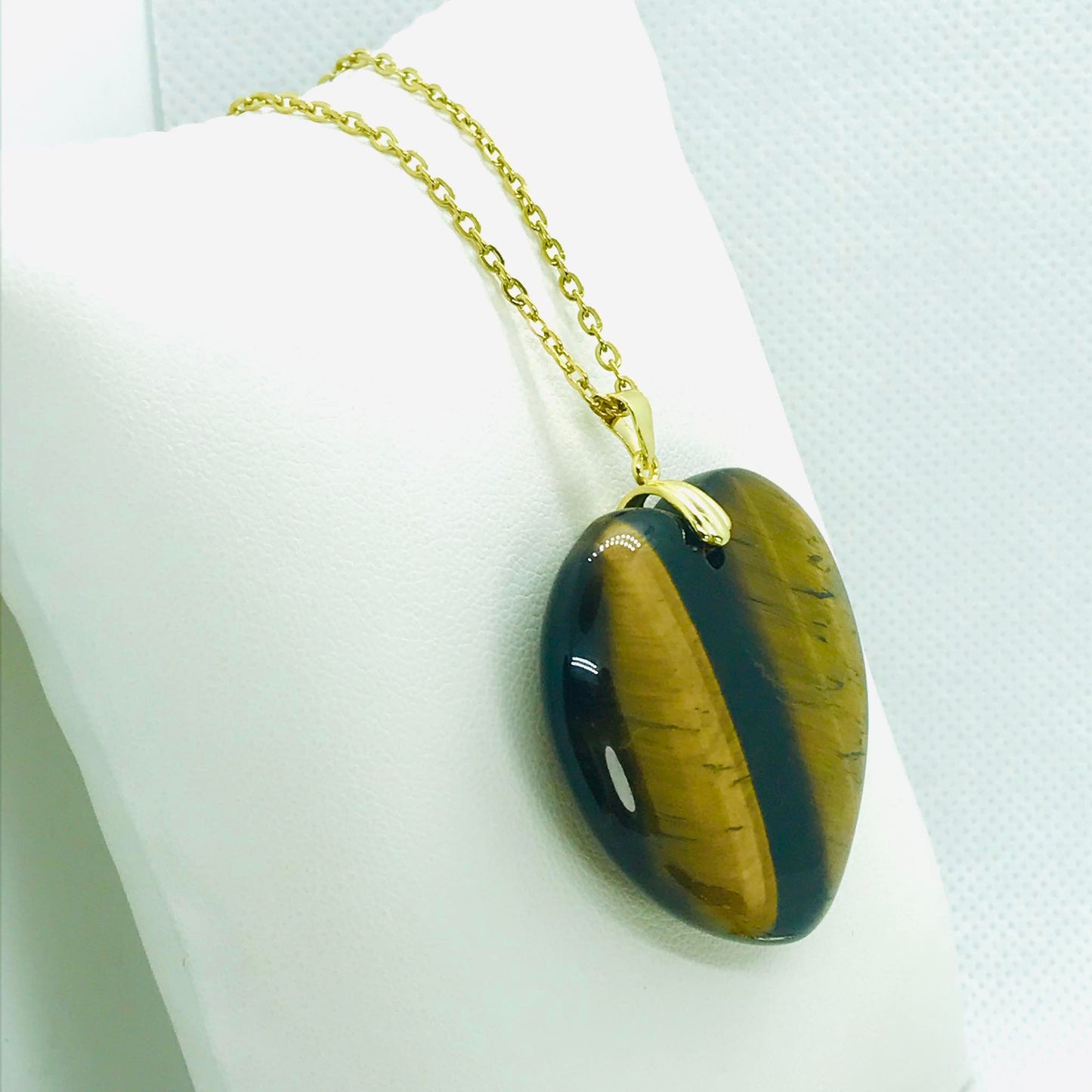 Natural Tiger Eye Heart Pendant - Stainless Steel Gold Plated Chain Necklace