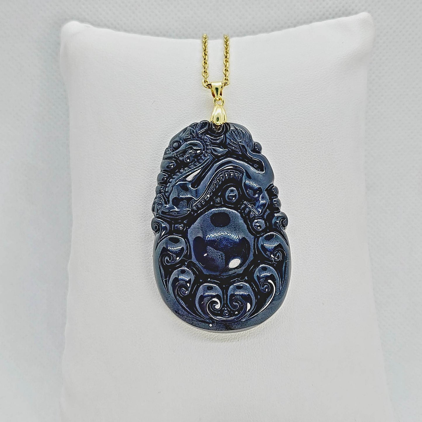 Natural Obsidian Dragon Pendant - Stainless Steel Gold Plated Chain Necklace