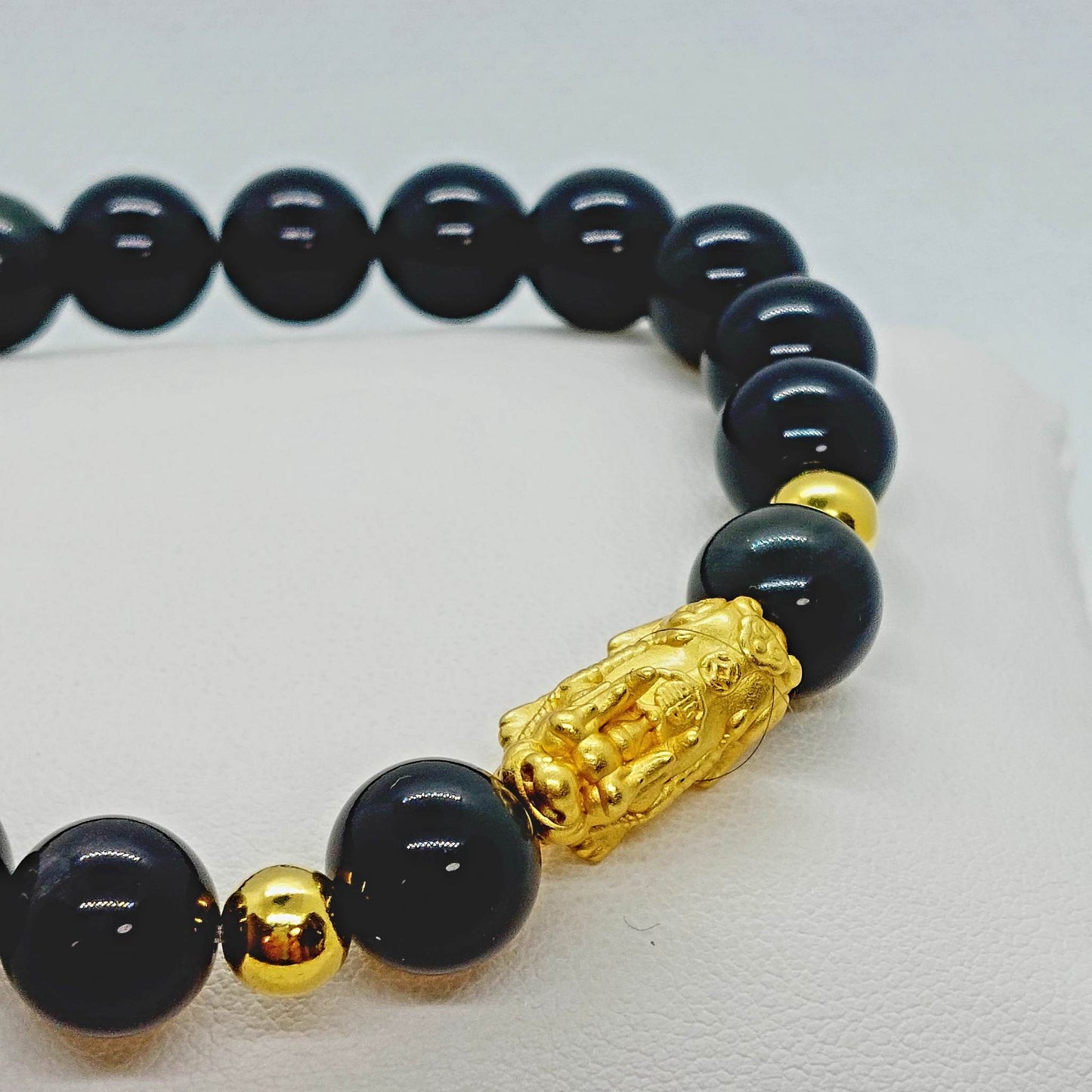 Natural Obsidian Feng Shui Bracelet - Silver Pixiu - 10mm