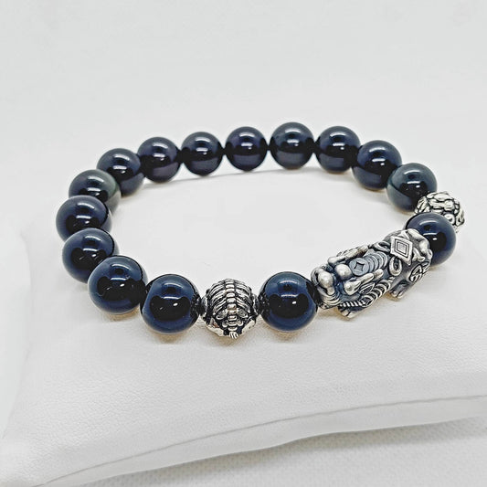 Natural Obsidian Feng Shui Bracelet - Silver Pixiu - 12mm