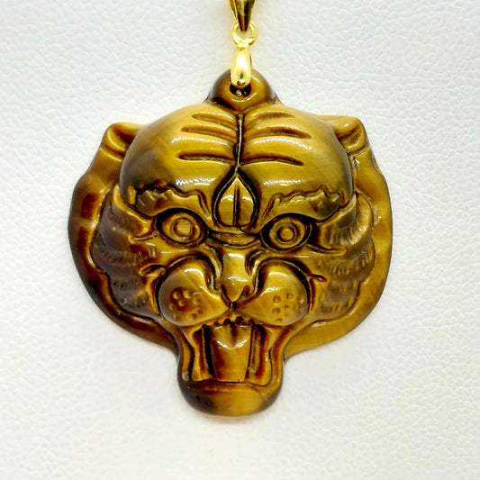 Natural Tiger Eye Tiger Pendant - Stainless Steel Gold Plated Chain Necklace
