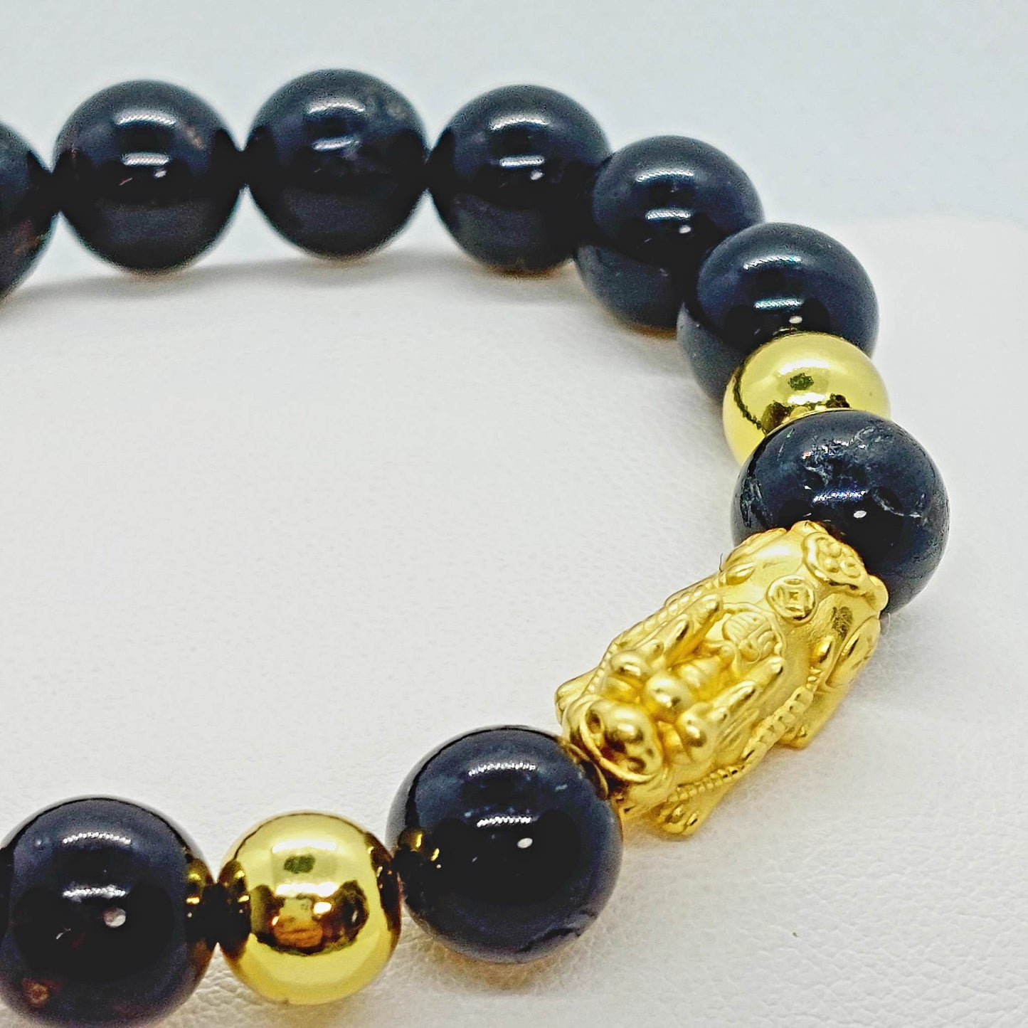 Natural Black Tourmaline Feng Shui Bracelet - Silver Pixiu - 10mm