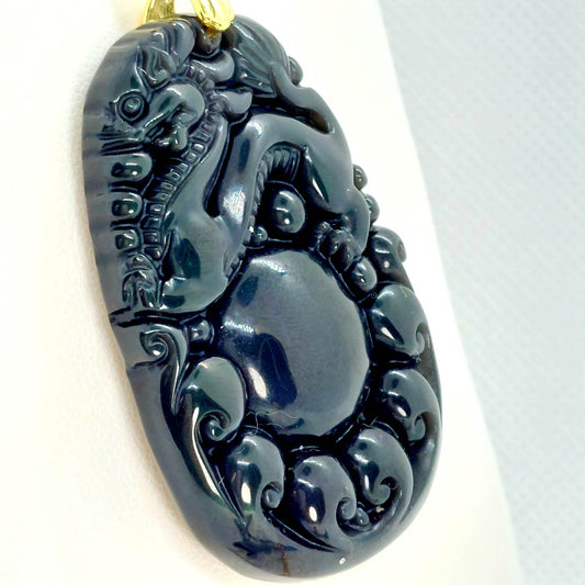 Natural Obsidian Dragon Pendant - Stainless Steel Gold Plated Chain Necklace