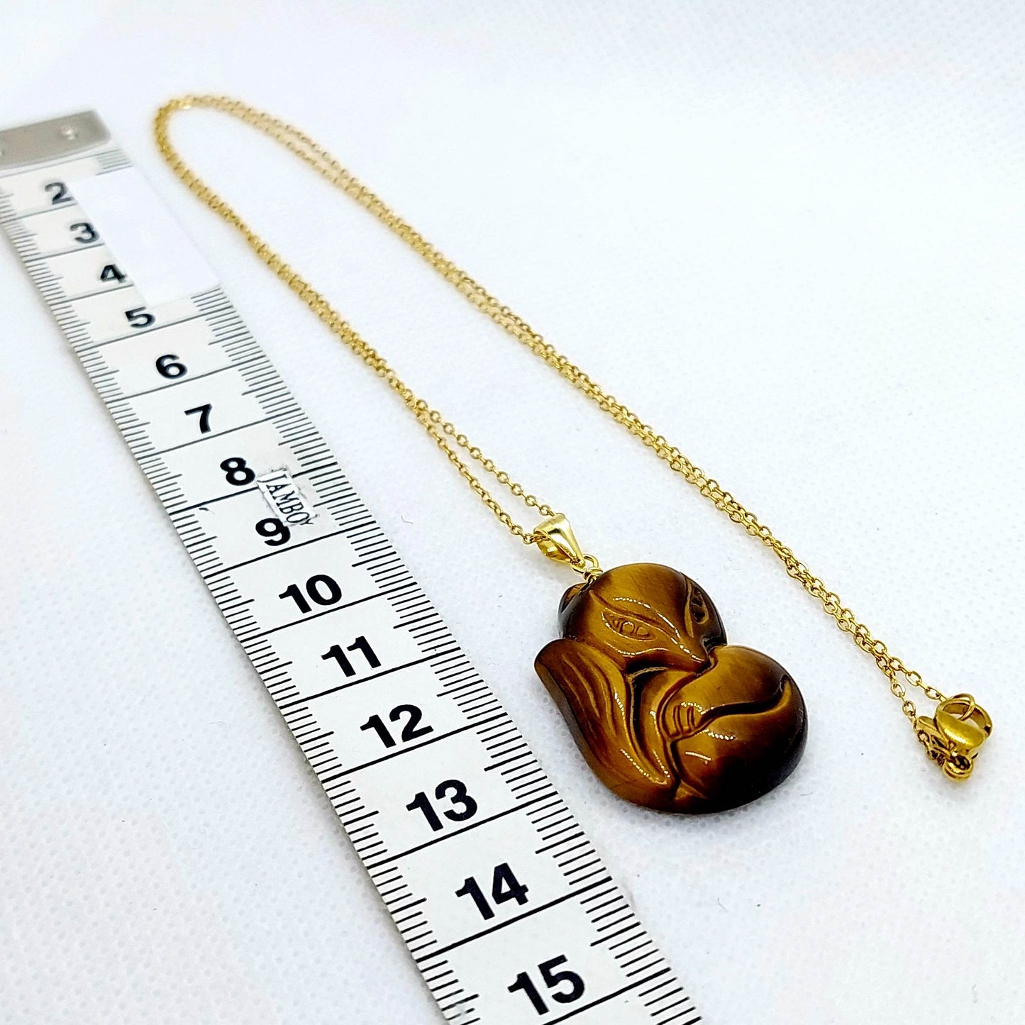 Natural Tiger Eye Nine Tailed Fox Pendant - Stainless Steel Gold Plated Chain Necklace