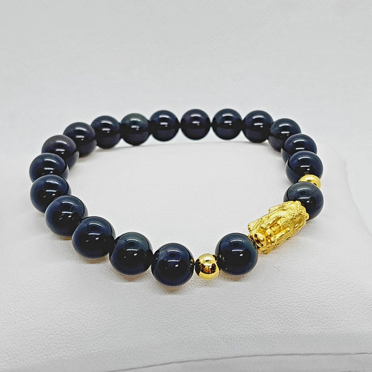 Natural Obsidian Feng Shui Bracelet - Silver Pixiu - 10mm