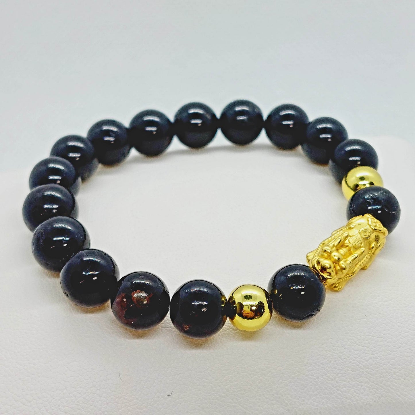 Natural Black Tourmaline Feng Shui Bracelet - Silver Pixiu - 10mm