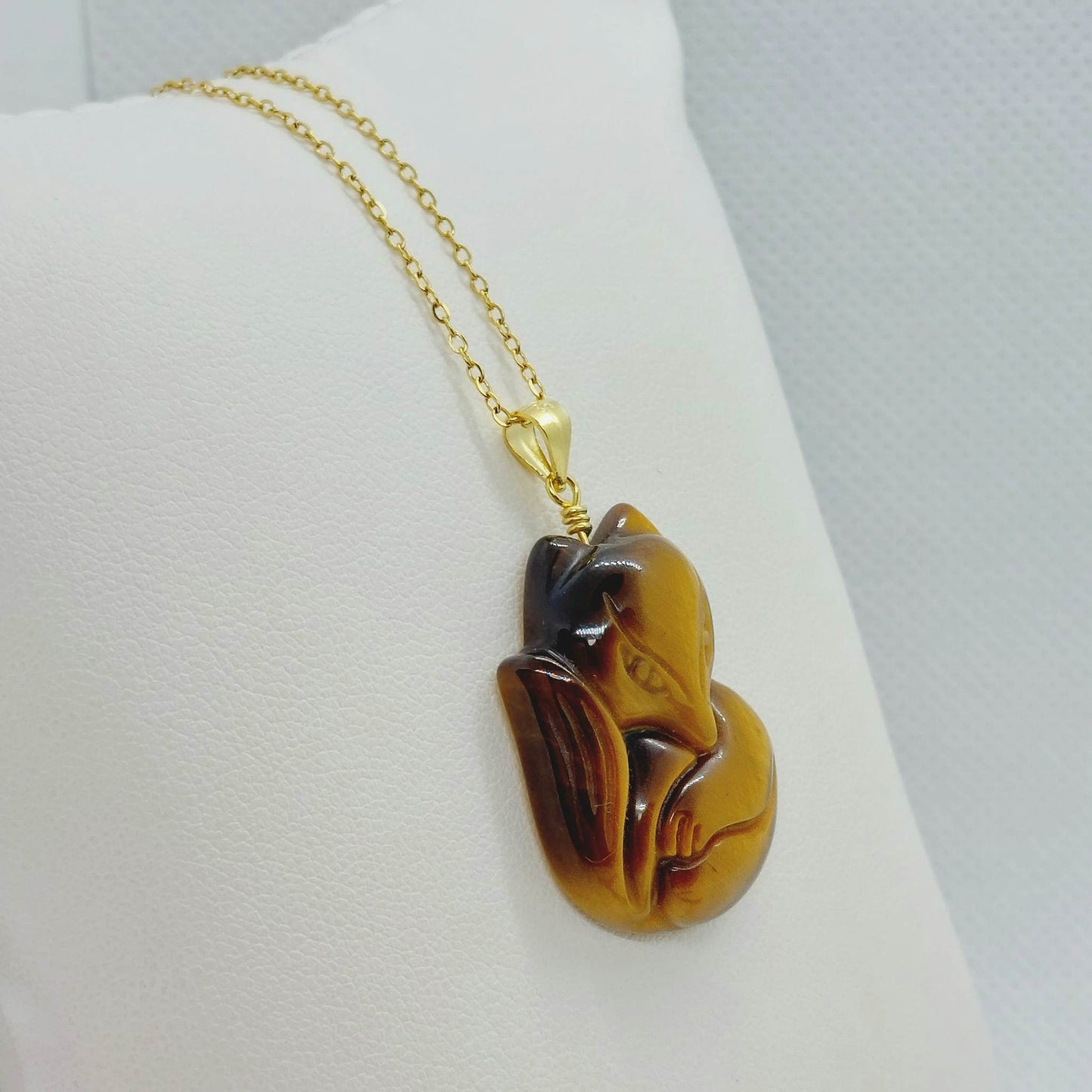 Natural Tiger Eye Nine Tailed Fox Pendant - Stainless Steel Gold Plated Chain Necklace