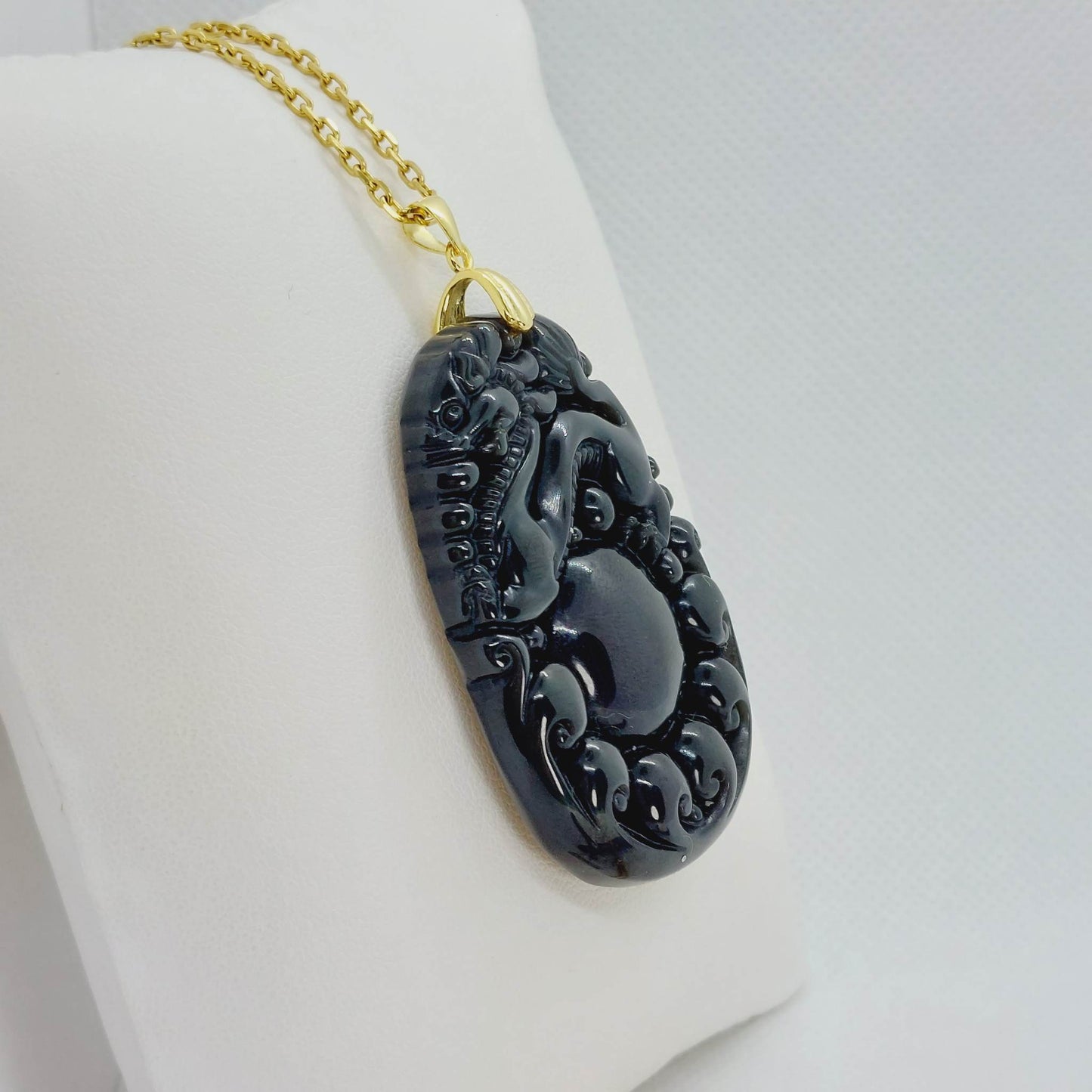 Natural Obsidian Dragon Pendant - Stainless Steel Gold Plated Chain Necklace