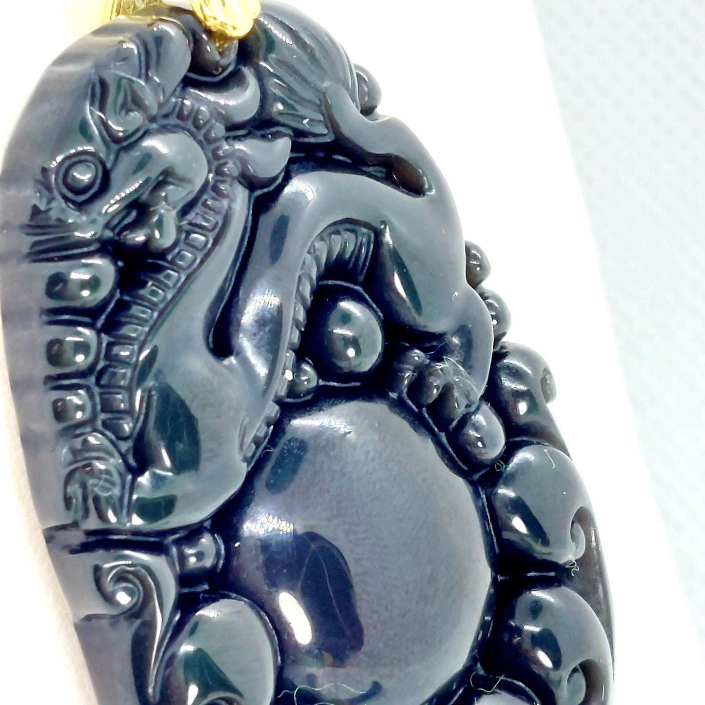 Natural Obsidian Dragon Pendant - Stainless Steel Gold Plated Chain Necklace