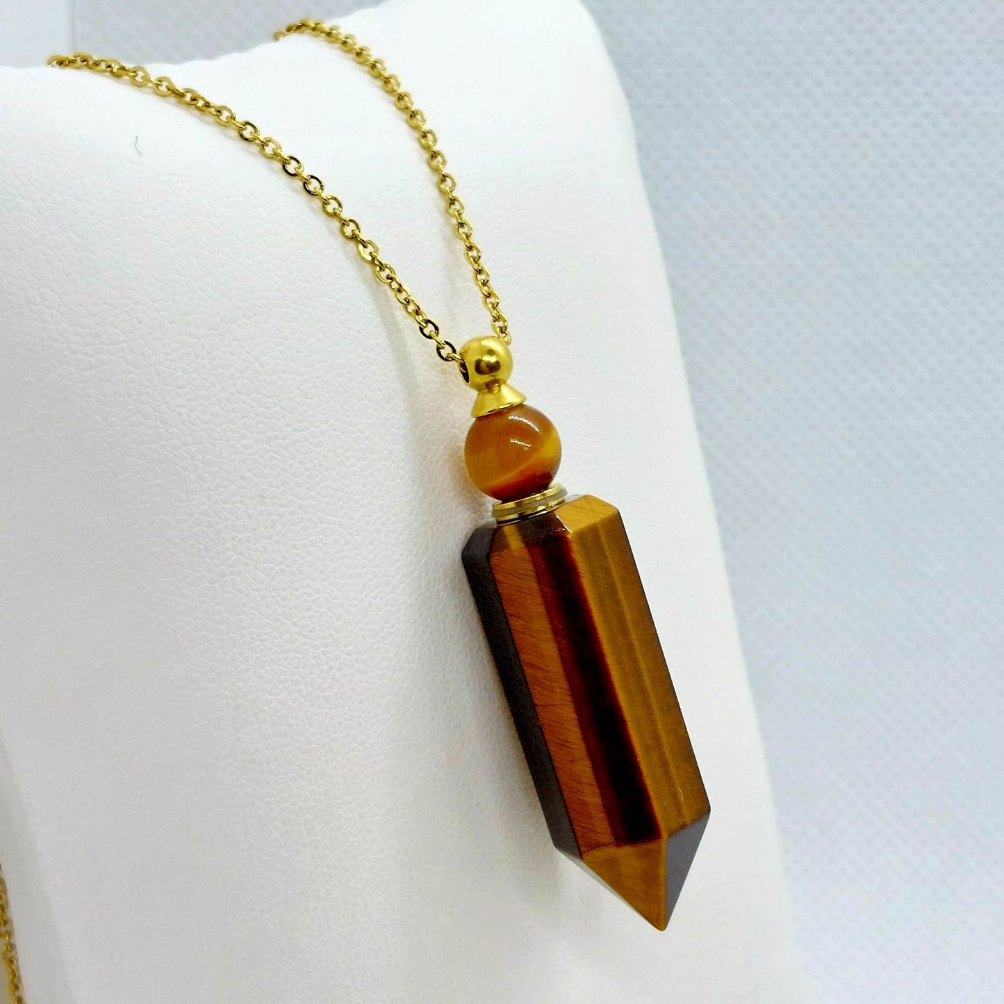 Natural Tiger Eye Perfume/Holy Water Bottle Pendant - Stainless Steel Chain Necklace