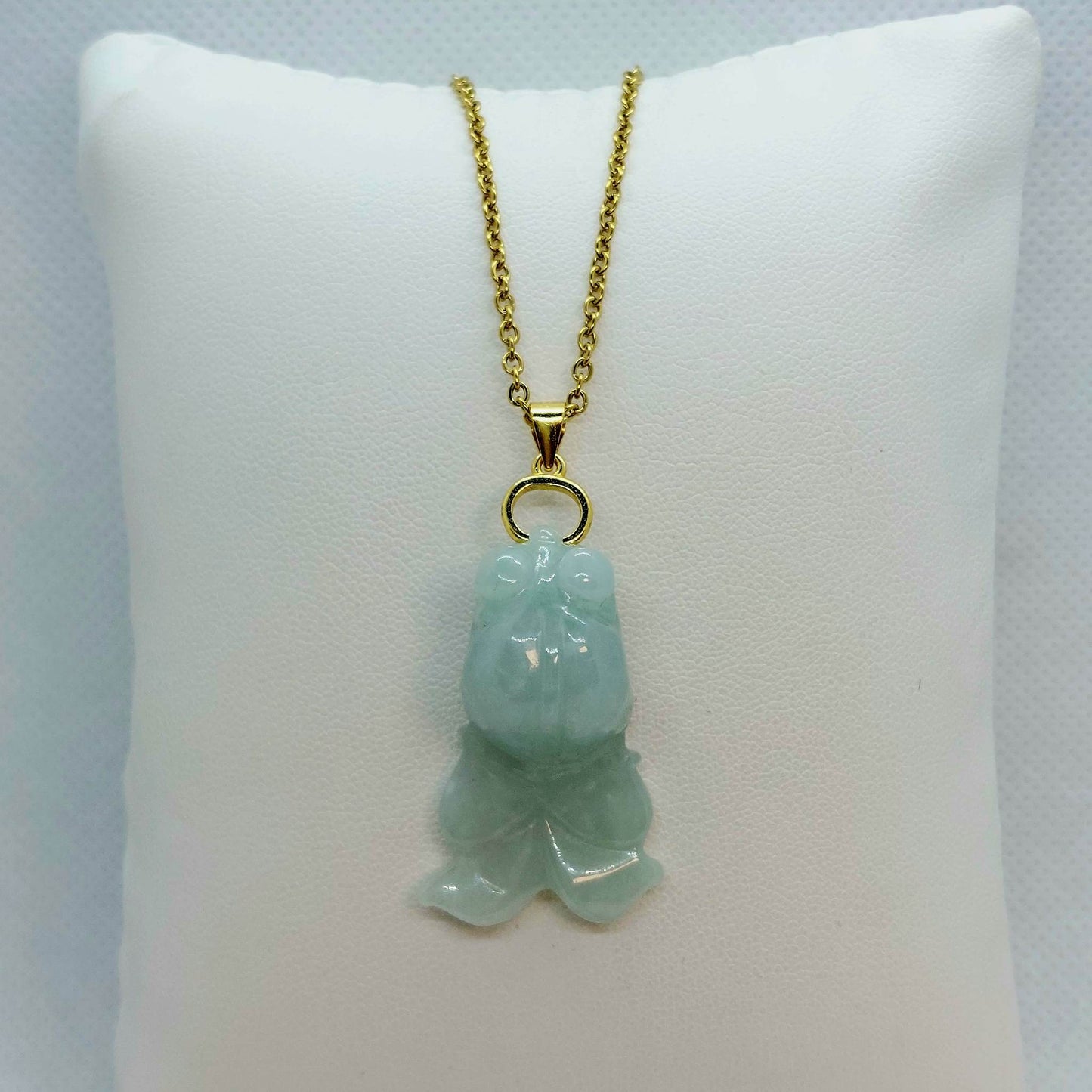 Natural Burmese Jade Fish Pendant - Stainless Steel Gold Plated Chain Necklace