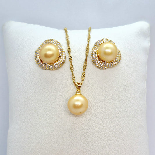 Natural Golden 10mm South Sea Pearl Set Gold Plated