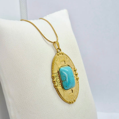 Natural Turquoise Pendant with Gold Plated Stainless Steel Chain Necklace