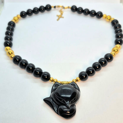 Natuurlijke Obsidiaan Halsketting Choker met 12mm Stenen en Obsidiaan Negenstaartige Vos Hanger