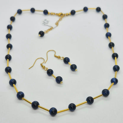 Natural Blue Tiger Eye Necklace and Earrings Set In Gold Plated Stainless Steel
