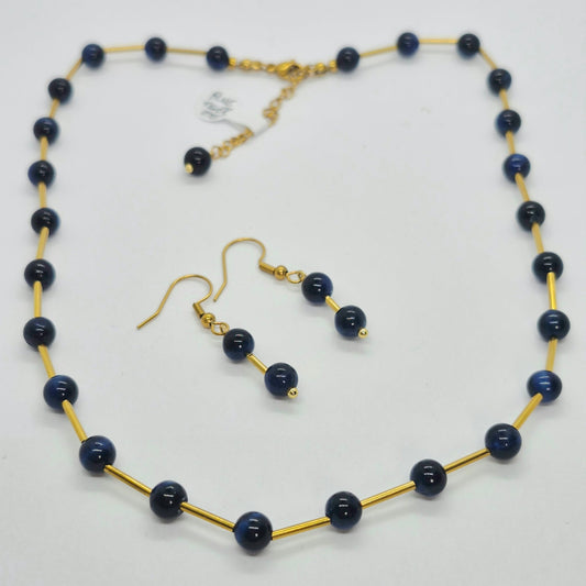 Natural Blue Tiger Eye Necklace and Earrings Set In Gold Plated Stainless Steel