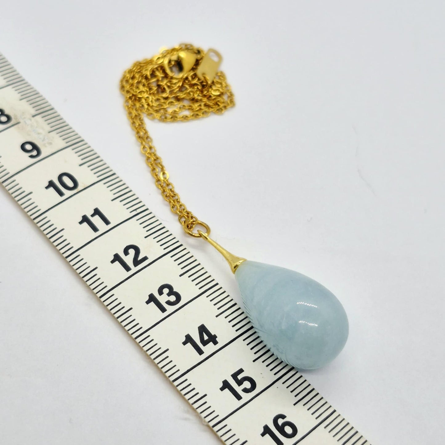 Natural Aquamarine Raindrop Pendant with Stainless Steel Gold Plated Chain Necklace