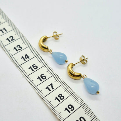 Natural Blue Chalcedony Dangle Earrings in Stainless Steel Gold Plated
