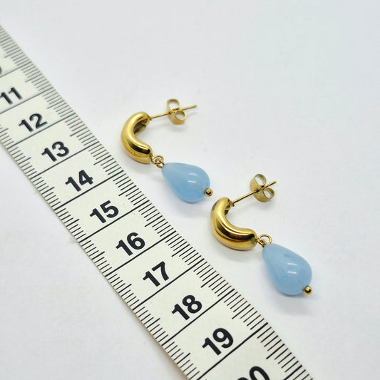 Natural Blue Chalcedony Dangle Earrings in Stainless Steel Gold Plated