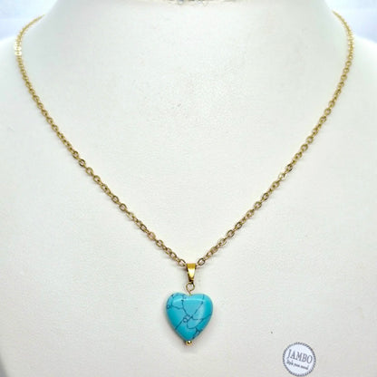 Natural Turquoise Heart Pendant with Gold Plated Stainless Steel Chain Necklace