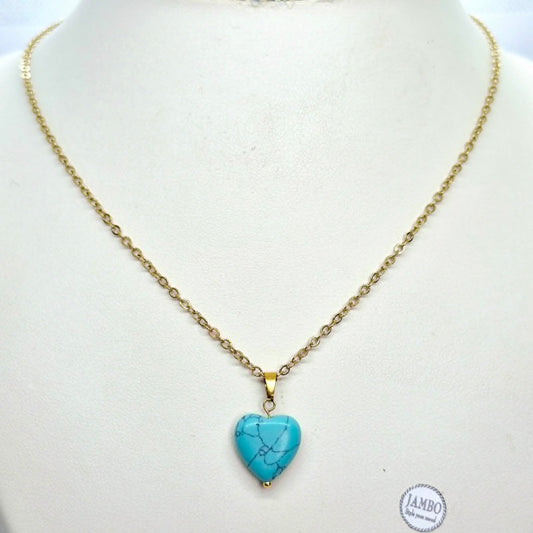 Natural Turquoise Heart Pendant with Gold Plated Stainless Steel Chain Necklace