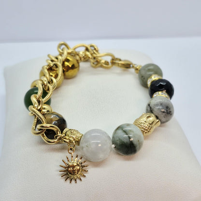 Natural Stone Bracelet with Burmese and Hetian Jade, Hematite, Tiger Eye, Labradorite and Obsidian in 12mm Stones