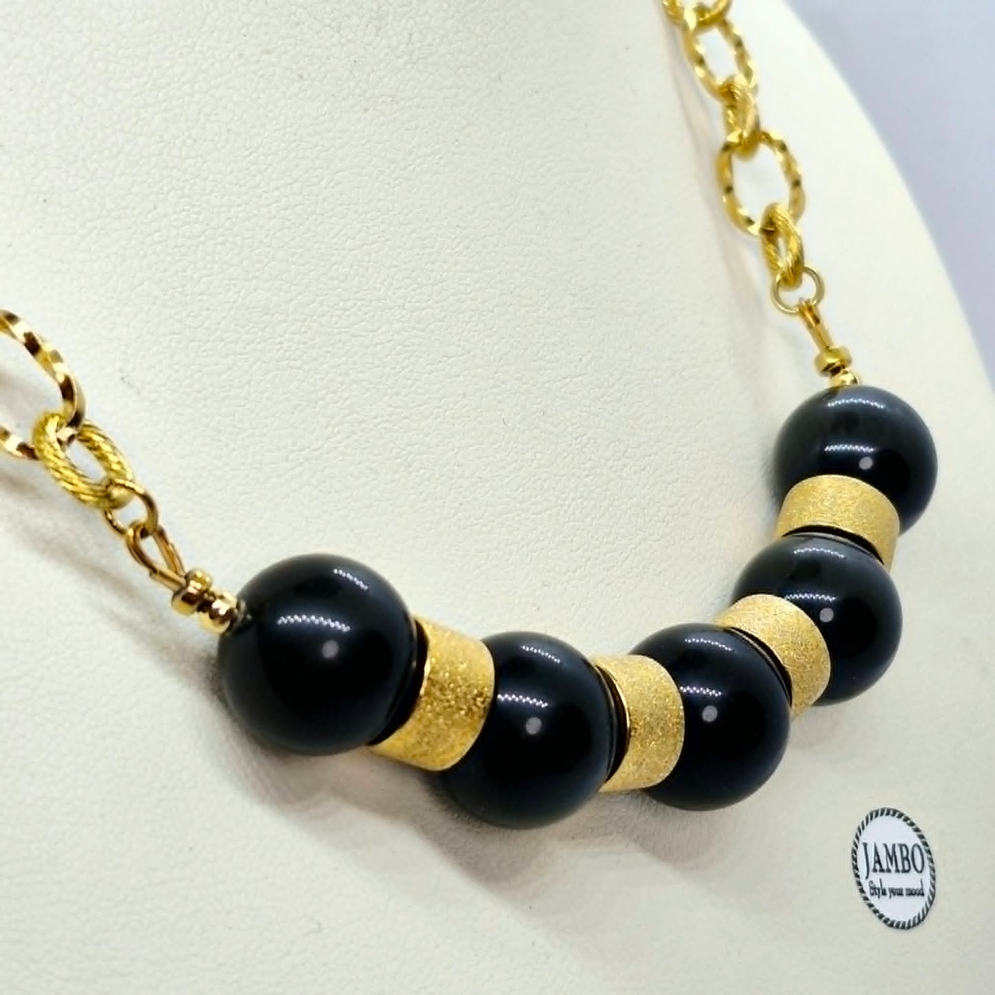 Natural Obsidian Set in 12-14mm Stones Gold Plated Stainless Steel with Chain Necklace