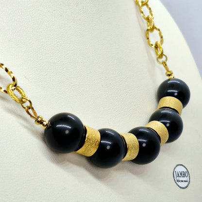 Natural Obsidian Set in 12-14mm Stones Gold Plated Stainless Steel with Chain Necklace