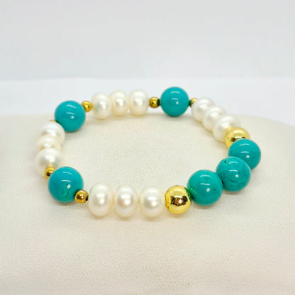 Natural Pearl and Turquoise Bracelet in 10mm Stones