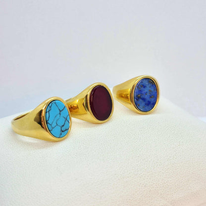 Natural Stone Ring in Gold Plated Stainless Steel, Lapis, Red Onyx and Turquoise