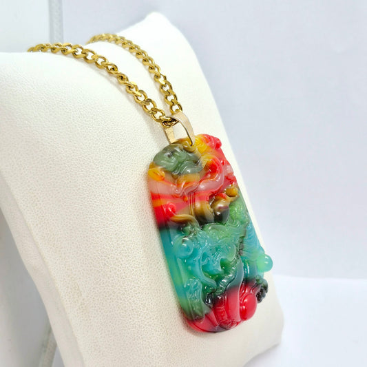 Natural Multi Colored Hetian Jade Dragon Pendant with Stainless Steel Gold Plated Chain Necklace