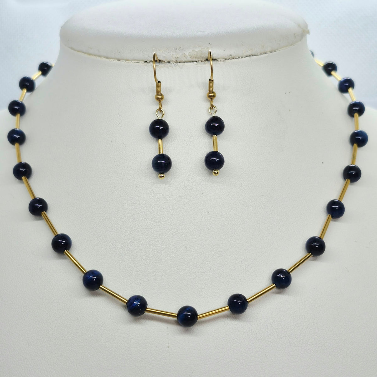 Natural Blue Tiger Eye Necklace and Earrings Set In Gold Plated Stainless Steel