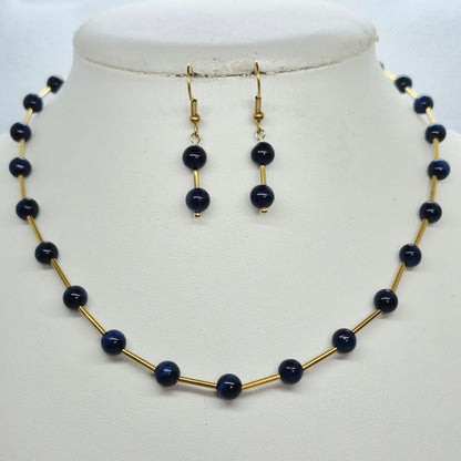 Natural Blue Tiger Eye Necklace and Earrings Set In Gold Plated Stainless Steel