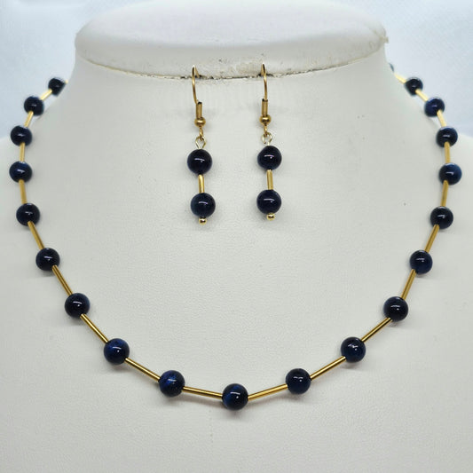 Natural Blue Tiger Eye Necklace and Earrings Set In Gold Plated Stainless Steel