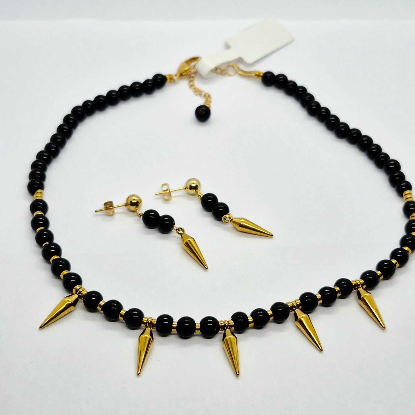 Natural Obsidian Choker Necklace and Earrings Set in Gold Platted Stainless Steel