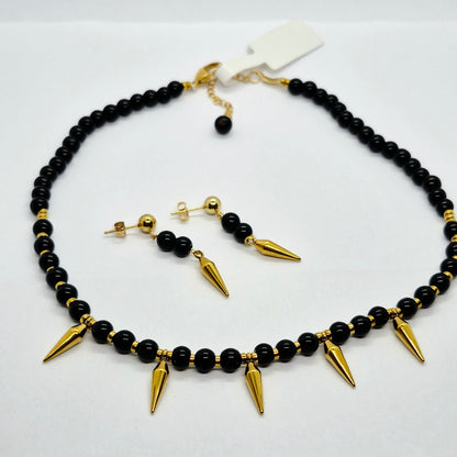 Natural Obsidian Choker Necklace and Earrings Set in Gold Platted Stainless Steel