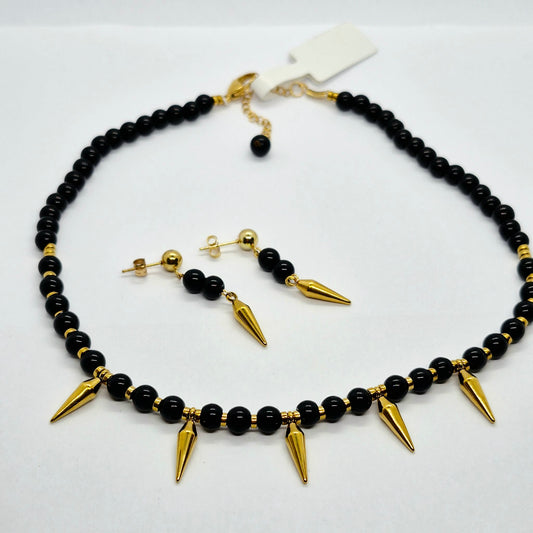Natural Obsidian Choker Necklace and Earrings Set in Gold Platted Stainless Steel