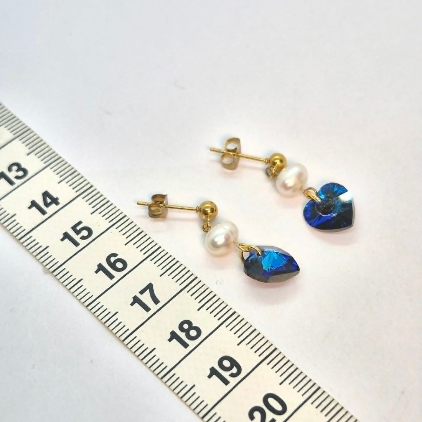 Natural Pearl and Blue Heart Dangle Earrings in Gold Plated Stainless Steel