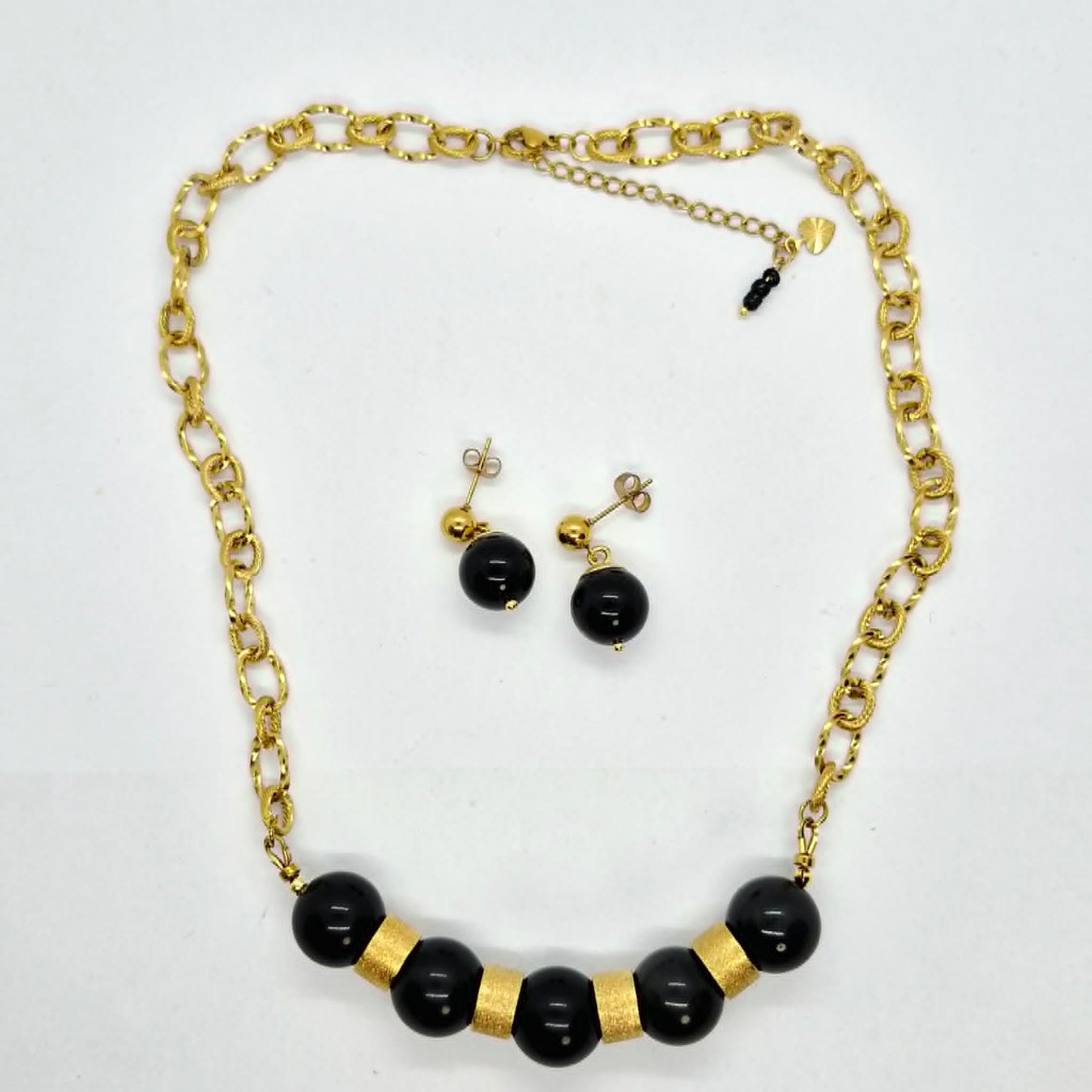 Natural Obsidian Set in 12-14mm Stones Gold Plated Stainless Steel with Chain Necklace