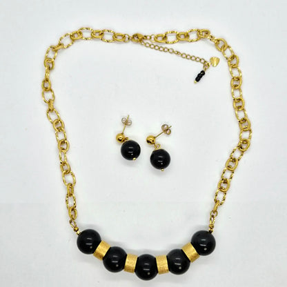 Natural Obsidian Set in 12-14mm Stones Gold Plated Stainless Steel with Chain Necklace