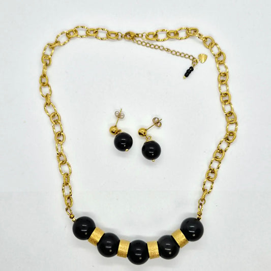 Natural Obsidian Set in 12-14mm Stones Gold Plated Stainless Steel with Chain Necklace