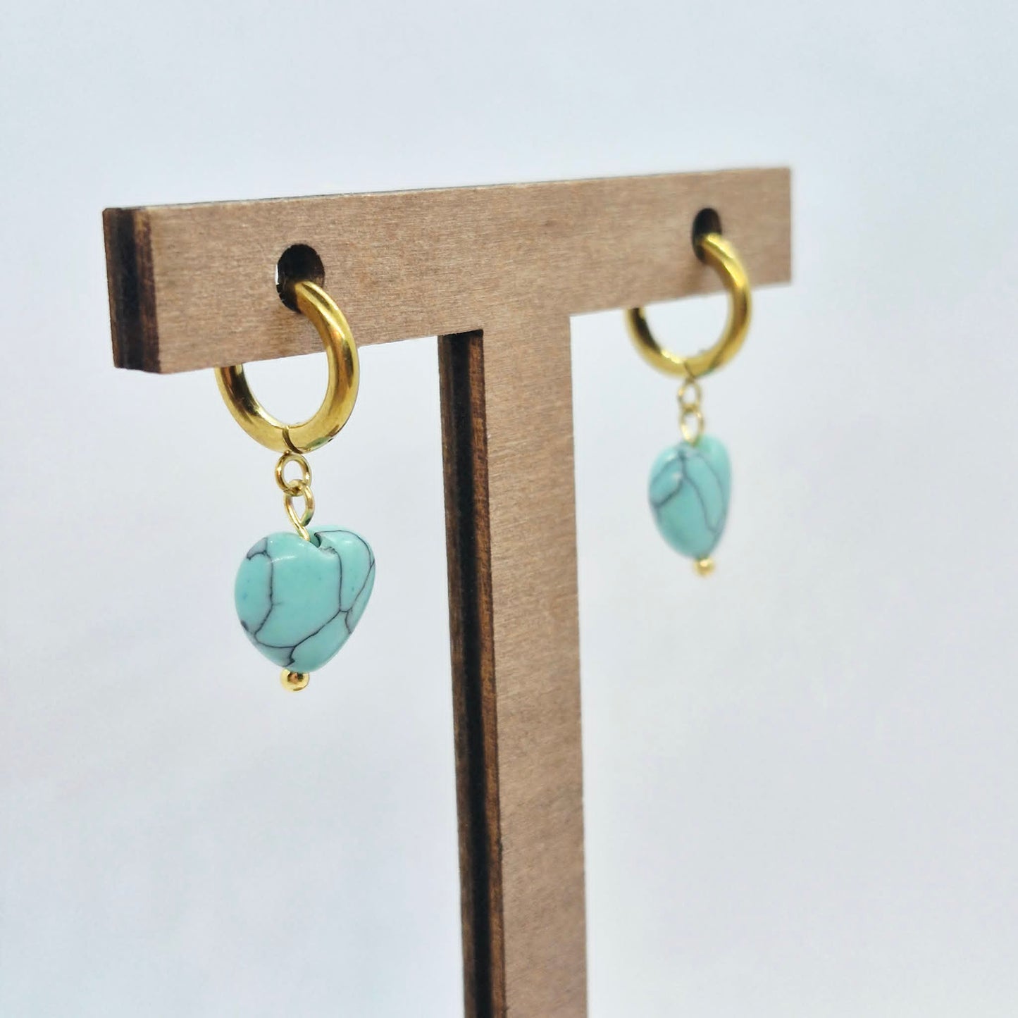 Natural Turquoise Heart Hoop Earrings in Stainless Steel Gold Plated