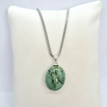 Natural Emerald Stone Pendant with Stainless Steel Chain Necklace