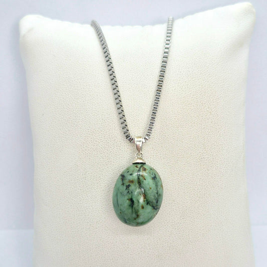 Natural Emerald Stone Pendant with Stainless Steel Chain Necklace