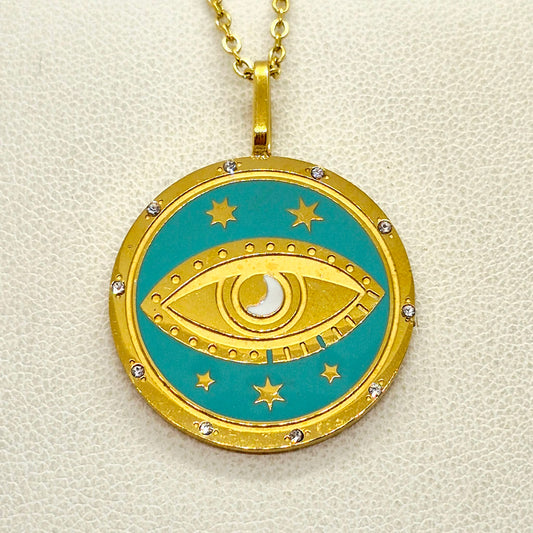 All Seeing Eye Pendant with Chain Necklace in Gold Platted Stainless Steel