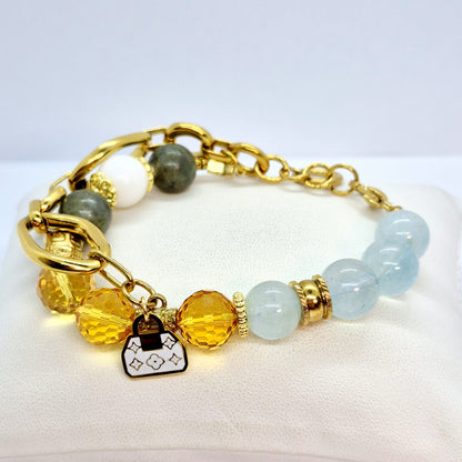 Natural 12mm Mixed Stone Bracelet with Aquamarine, Citrine, Labradorite and Tridacna