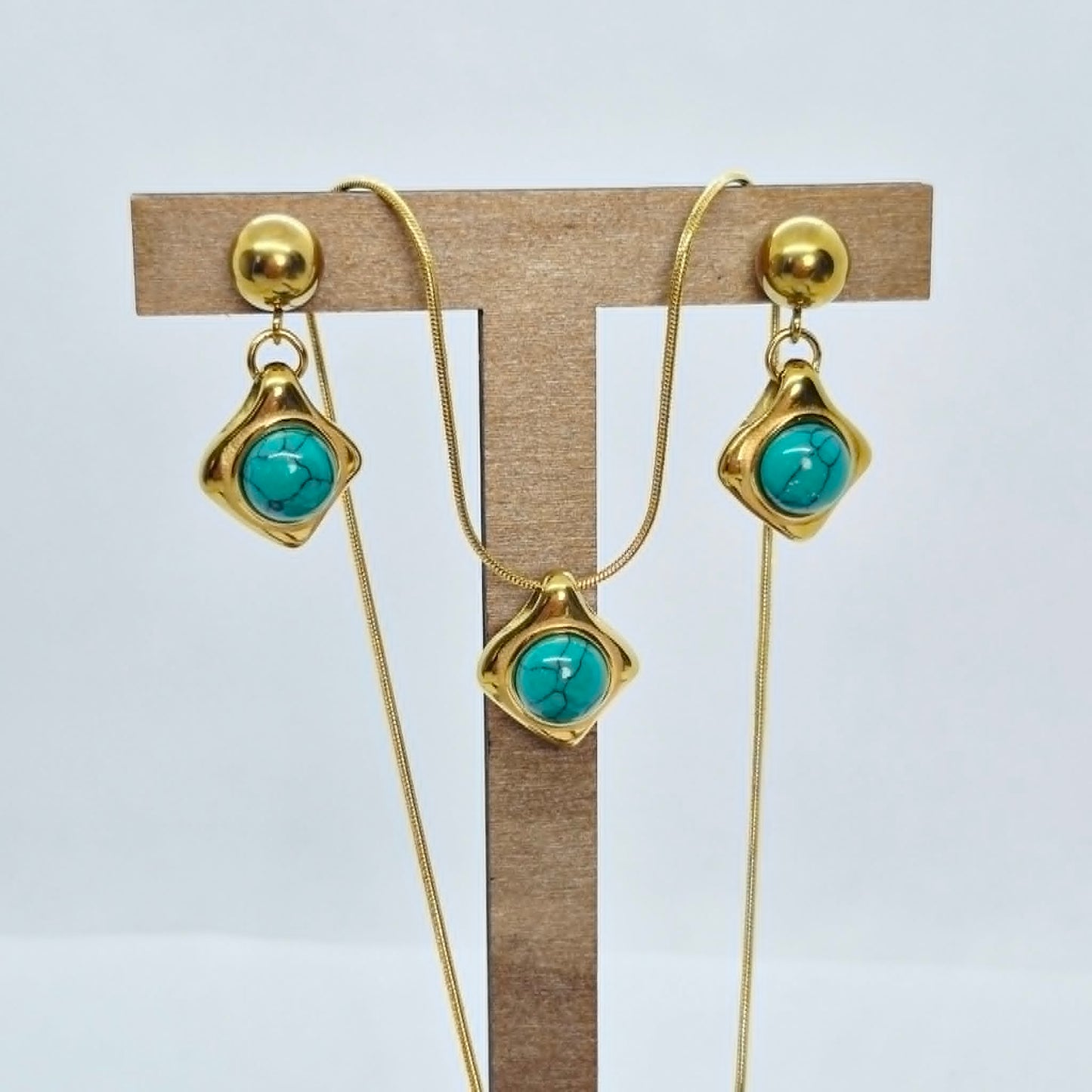 Natural Turquoise Set in Gold Plated Stainless Steel with Chain Necklace