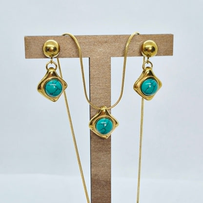 Natural Turquoise Set in Gold Plated Stainless Steel with Chain Necklace