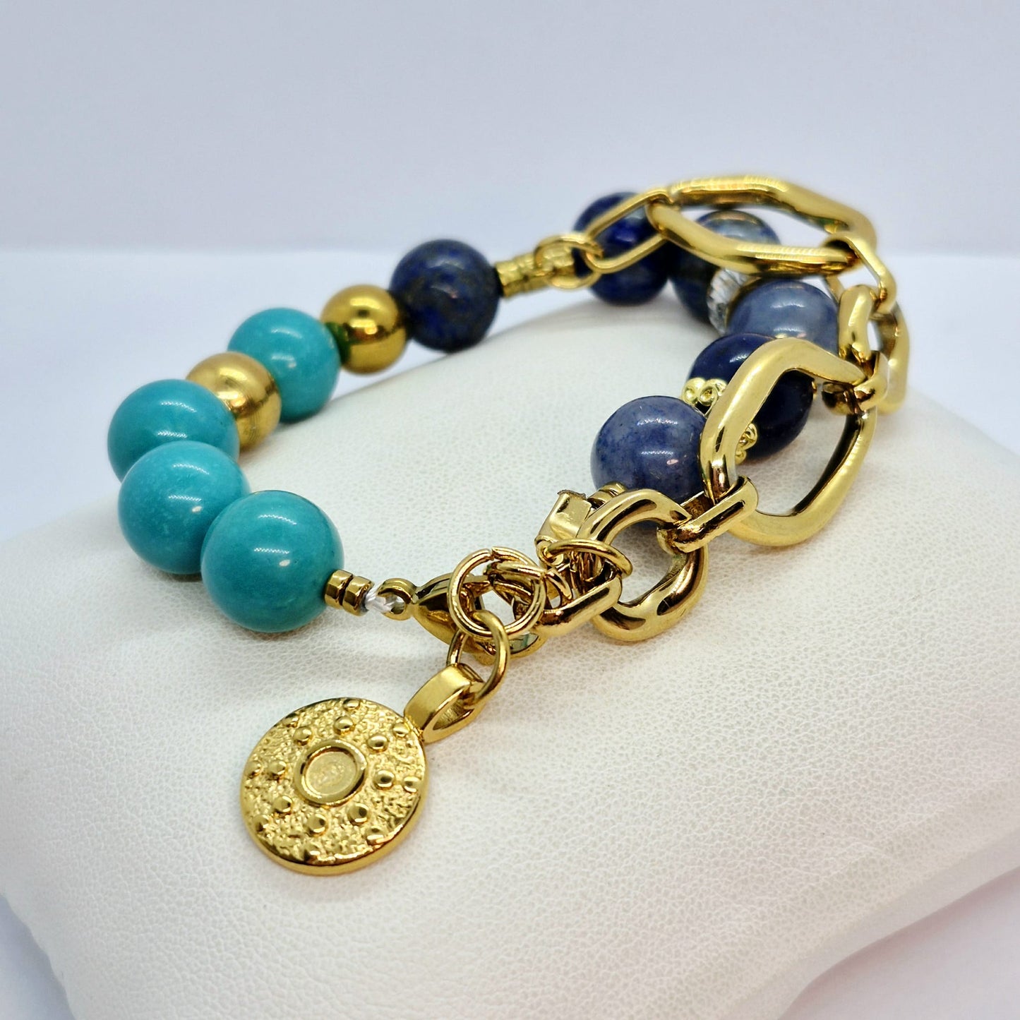 Natural 12mm Blue Stone Bracelet with Turquoise, Lapis and Aventurine